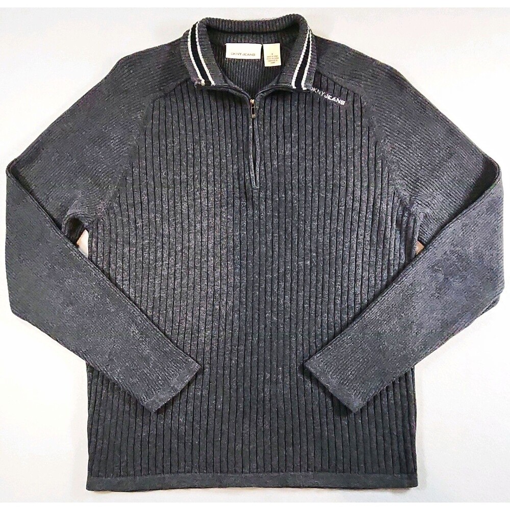 DKNY Jeans Men's Gray Ribbed Knit 1/4 Zip Mock Neck Cotton Sweater M